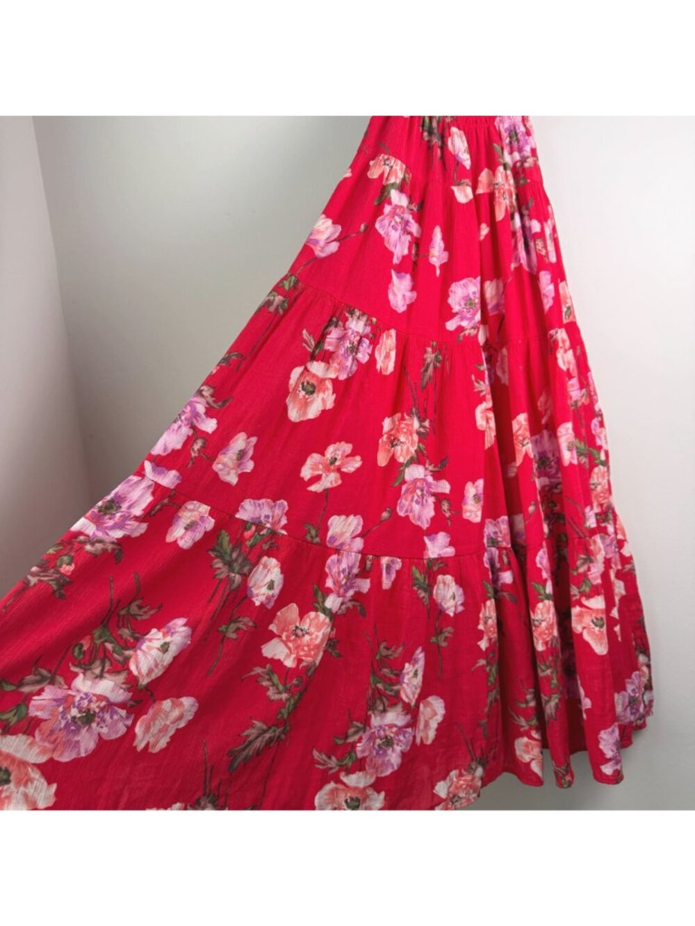 Abercrombie & Fitch Smocked Bodice Maxi Dress Red Floral Print XXSP Vacation - Picture 6 of 12